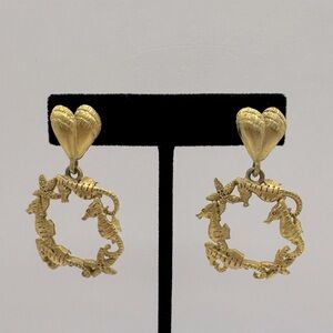 VINTAGE Brushed Gold Sea Life Dangle Hoop Earrings